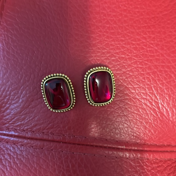 Yves Saint Laurent rectangle with red cabochon center clip earrings - Picture 3 of 14